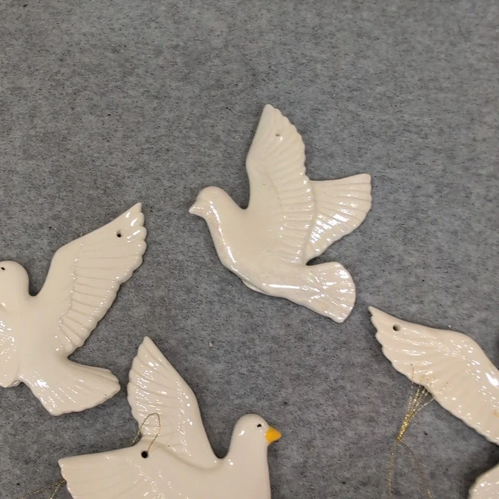Handcrafted Ceramic White Dove Ornaments Set of 6 Glossy‎ Bird Decor